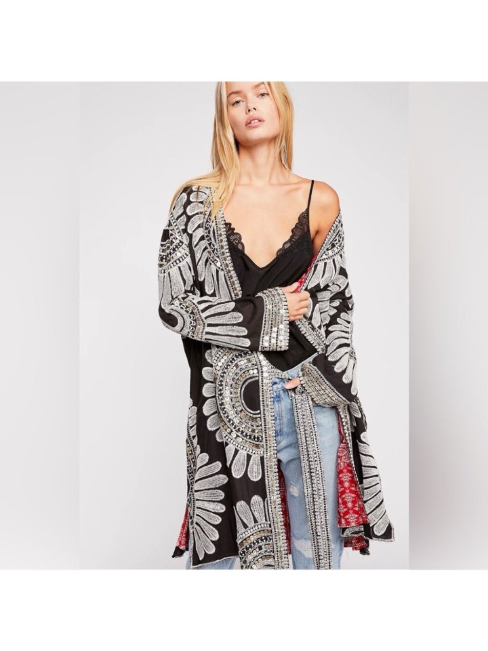 Free People Black Embroidered Open Front Kimono Jacket collab with KAS XS/S